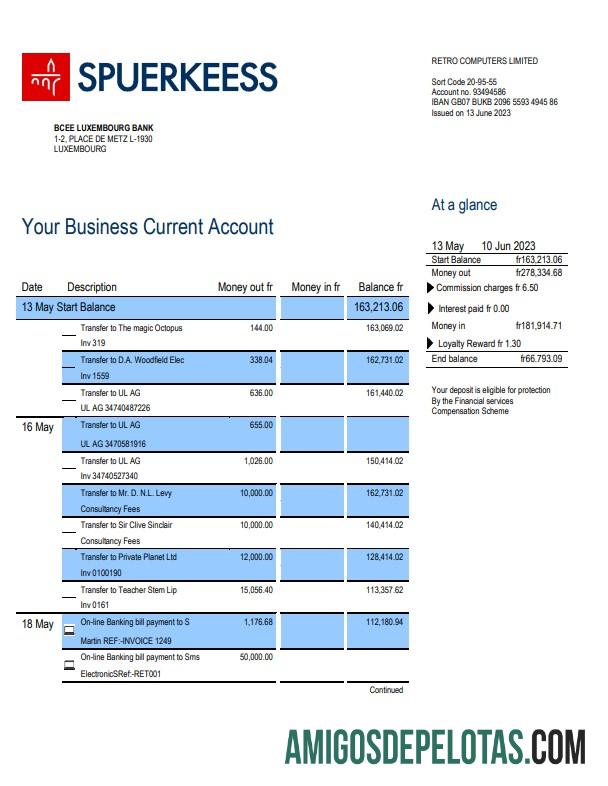 Em branco Modelo Word e PDF do extrato da conta da empresa do banco BCEE Luxemburgo